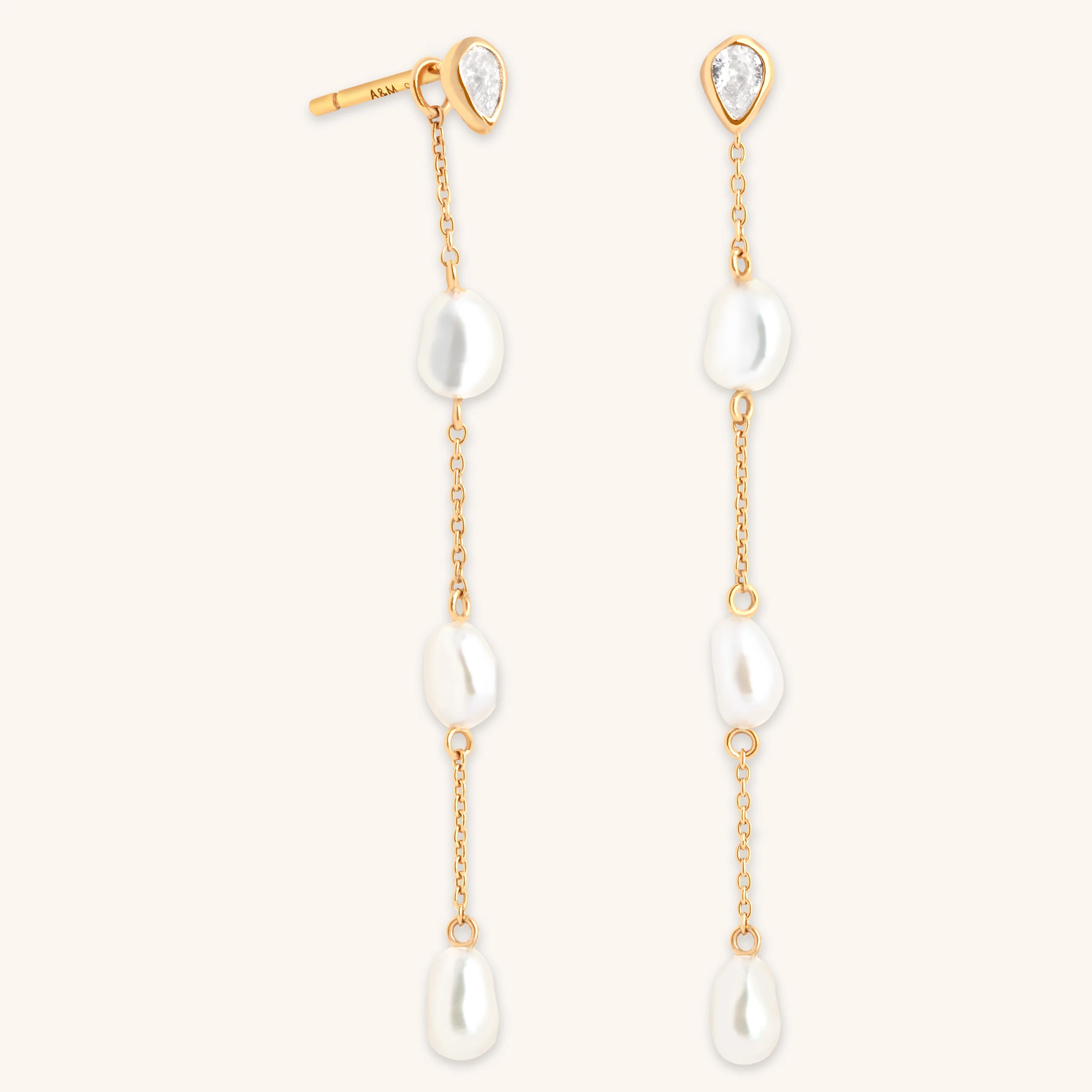 Pearl Chain Drop Studs in Gold