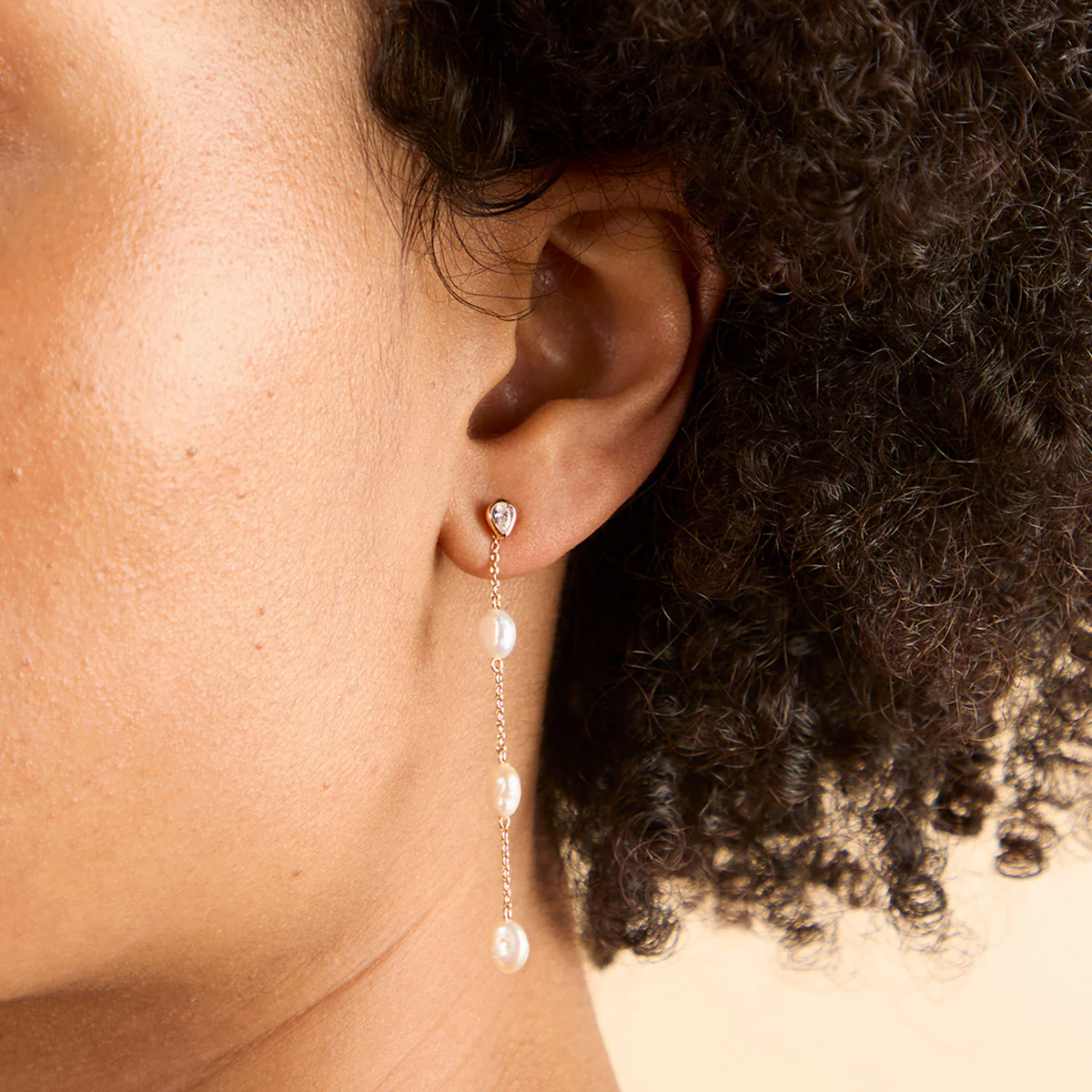 Pearl Chain Drop Studs in Gold - Image 3