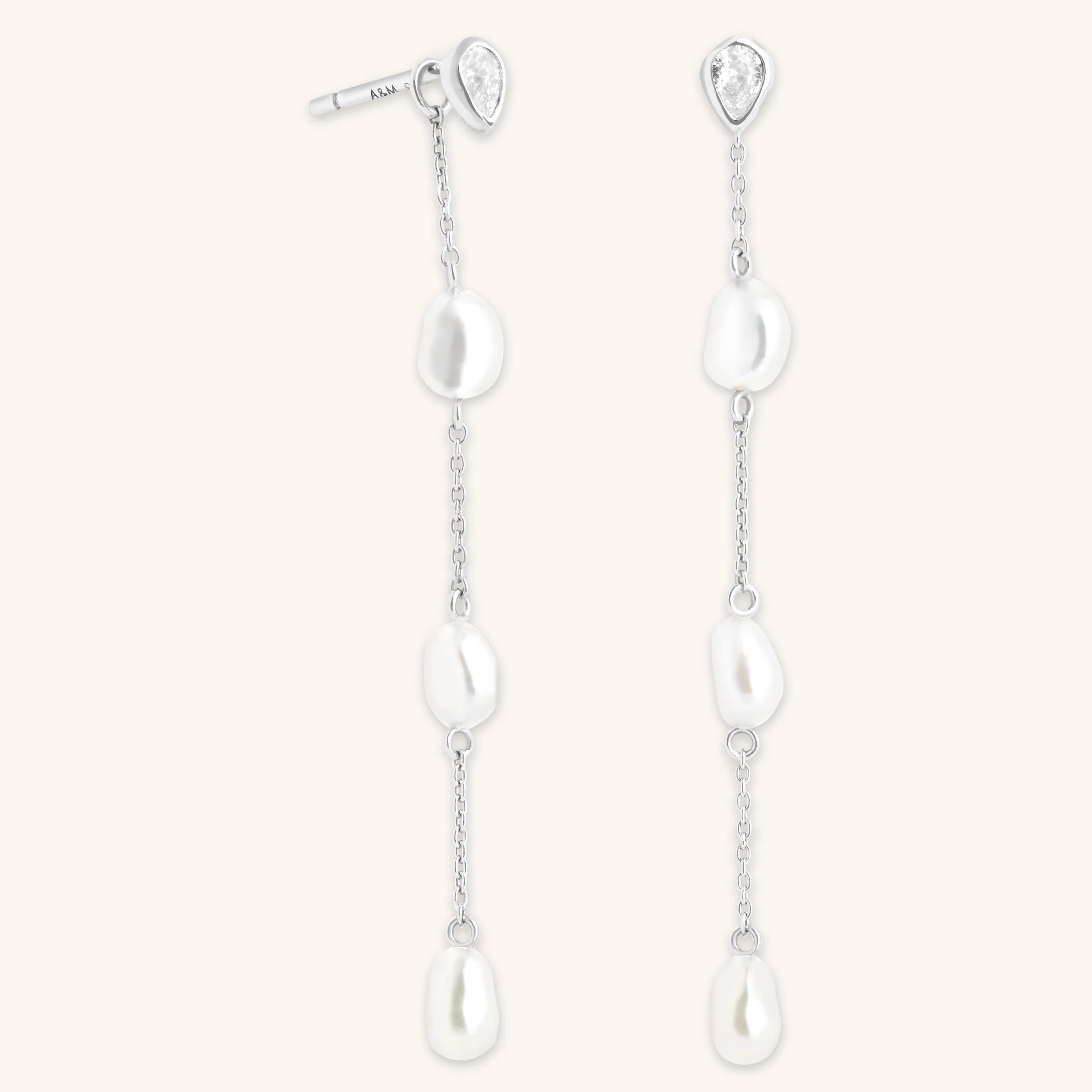 Pearl Chain Drop Studs in Silver