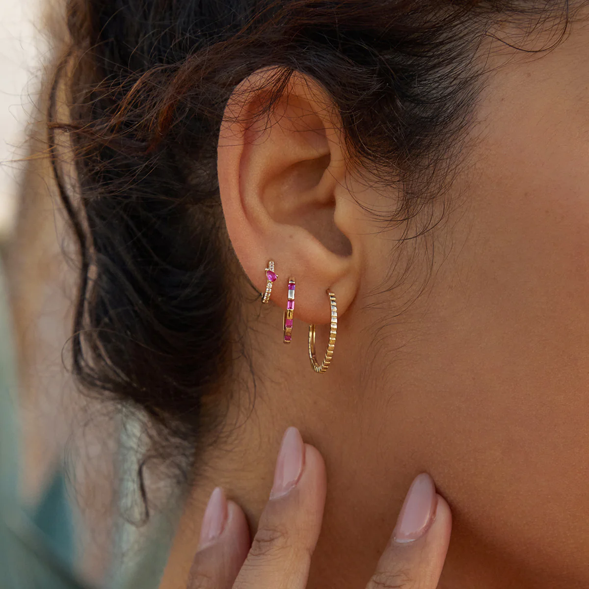 Pink Sapphire Baguette Hoops in Solid Gold - Image 5