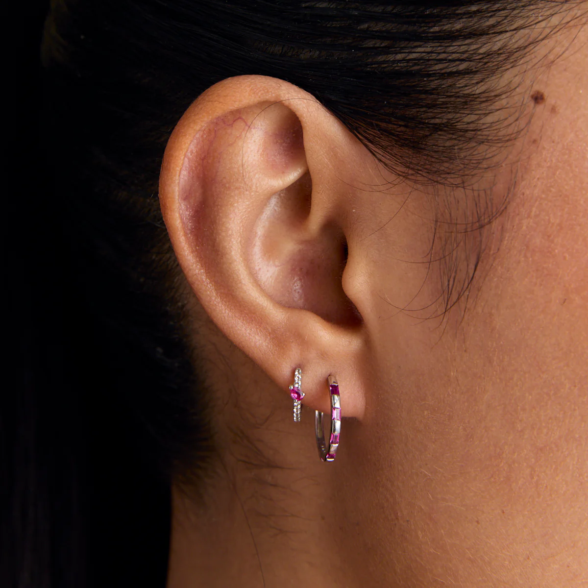 Pink Sapphire Baguette Hoops in Solid White Gold - Image 2