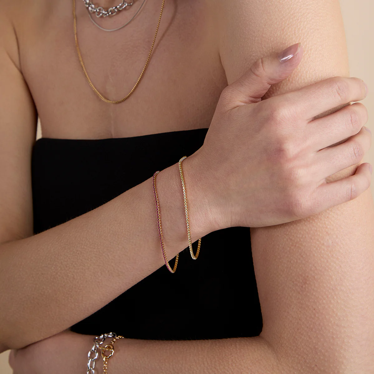 Pink Tennis Chain Bracelet in Gold - Image 3