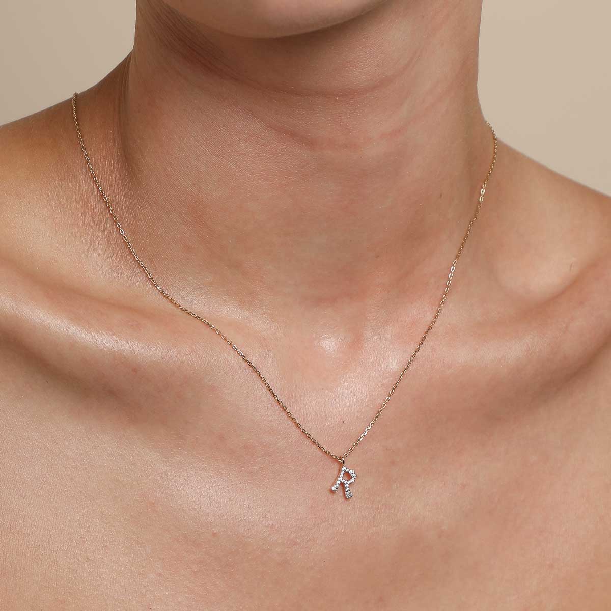 R Initial Pavé Pendant Necklace in Gold - Image 2