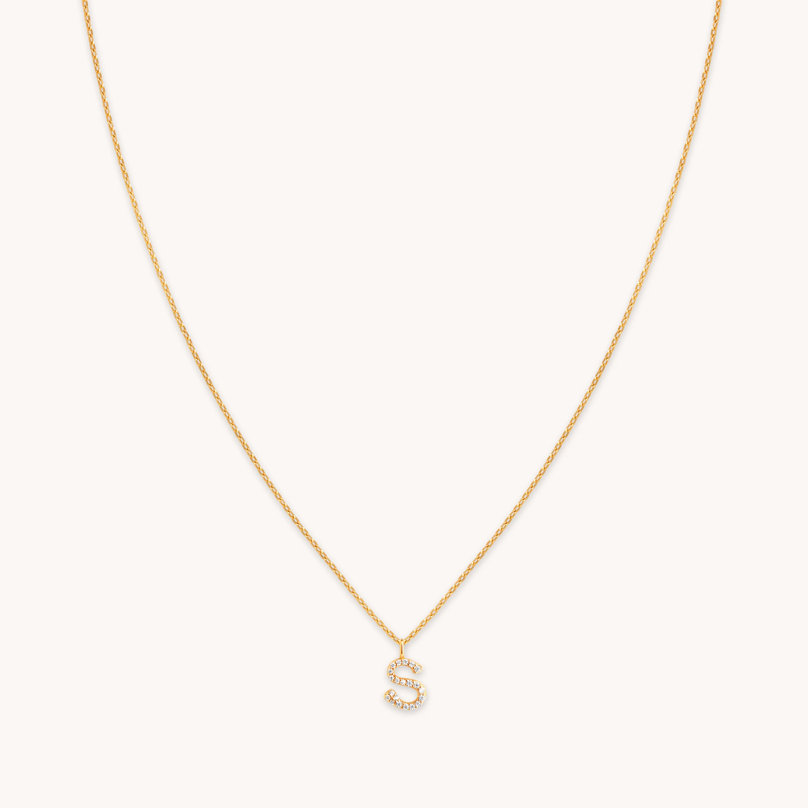 S Initial Pavé Pendant Necklace in Gold
