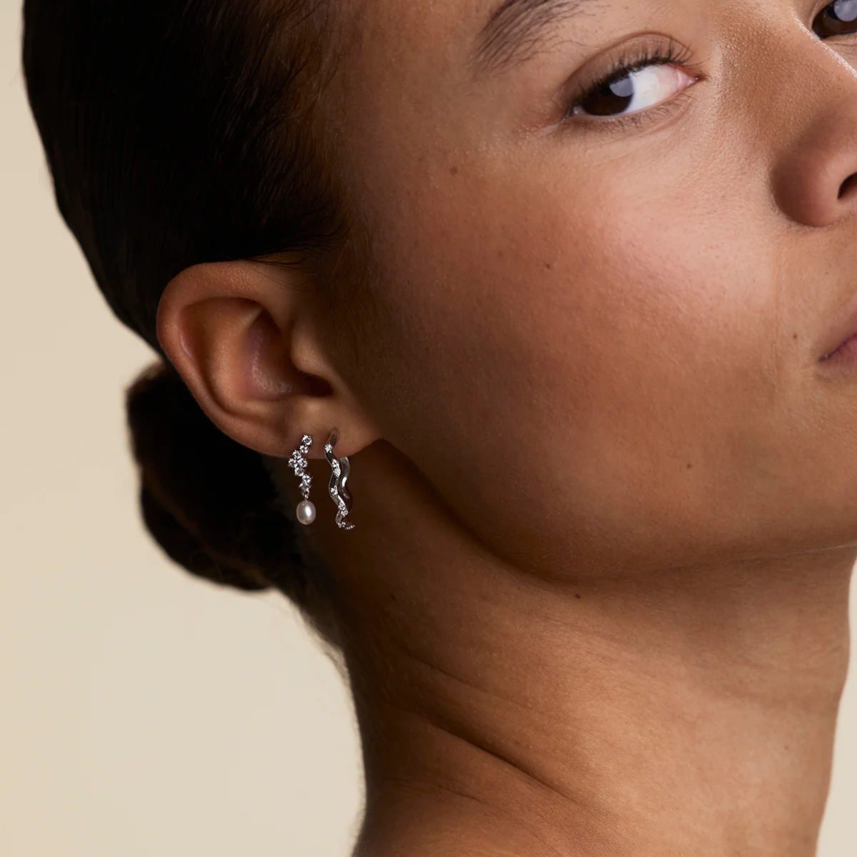 Scalloped Crystal Charm Studs in Silver - Image 5