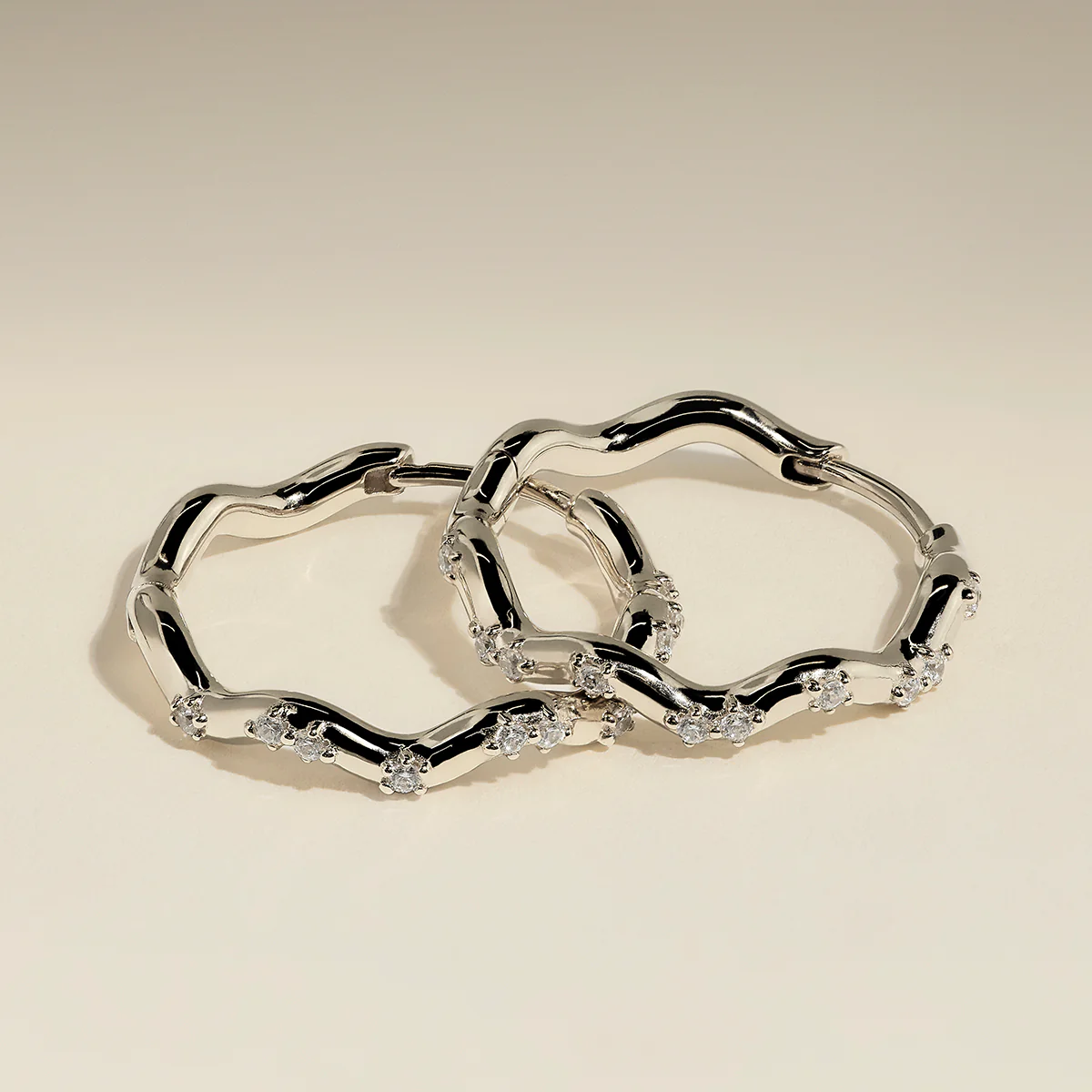 Scalloped Crystal Medium Hoops in Silver - Image 4