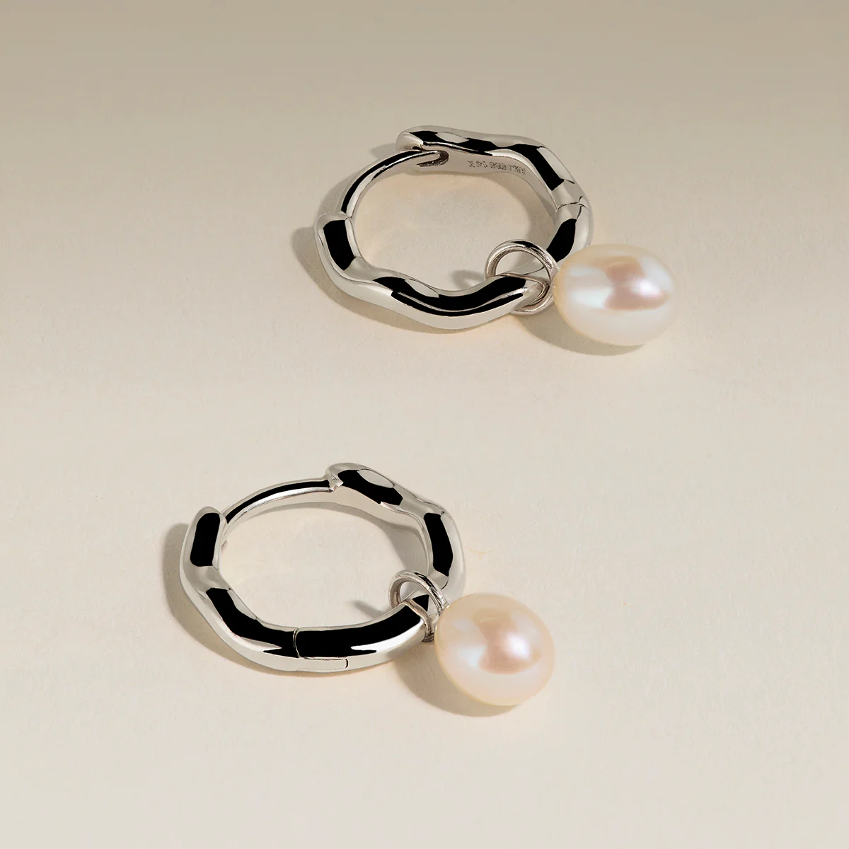 Scalloped Pearl Charm Huggies in Solid White Gold - Image 4