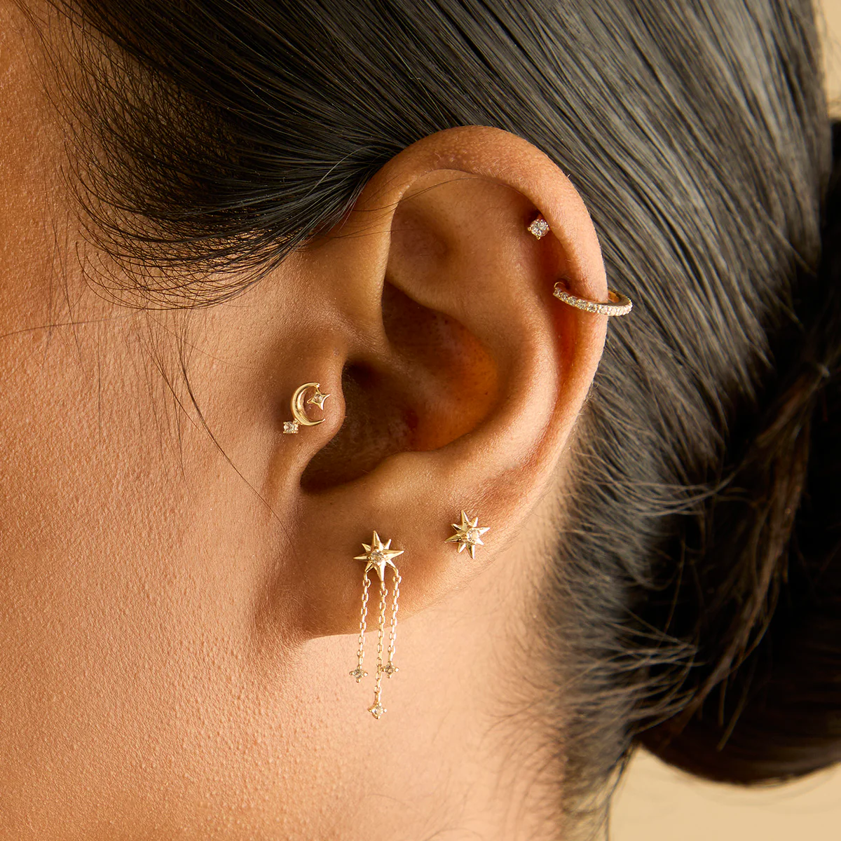Shooting Star Chain Drop Studs in Solid Gold - Image 3