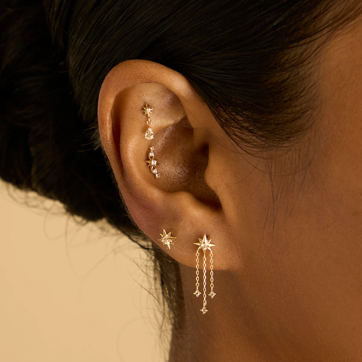 Shooting Star Chain Drop Studs in Solid Gold - Image 5