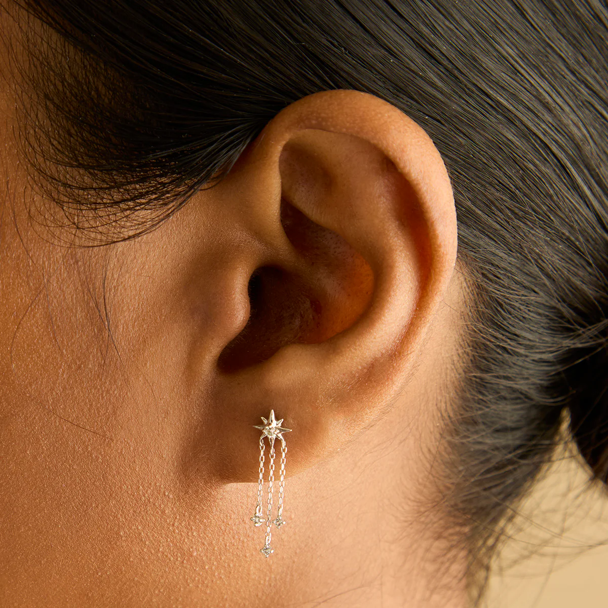 Shooting Star Chain Drop Studs in Solid White Gold - Image 2