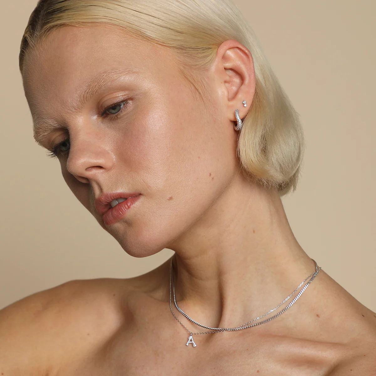 Square Crystal Double Titanium Piercing Stud in Platinum - Image 5