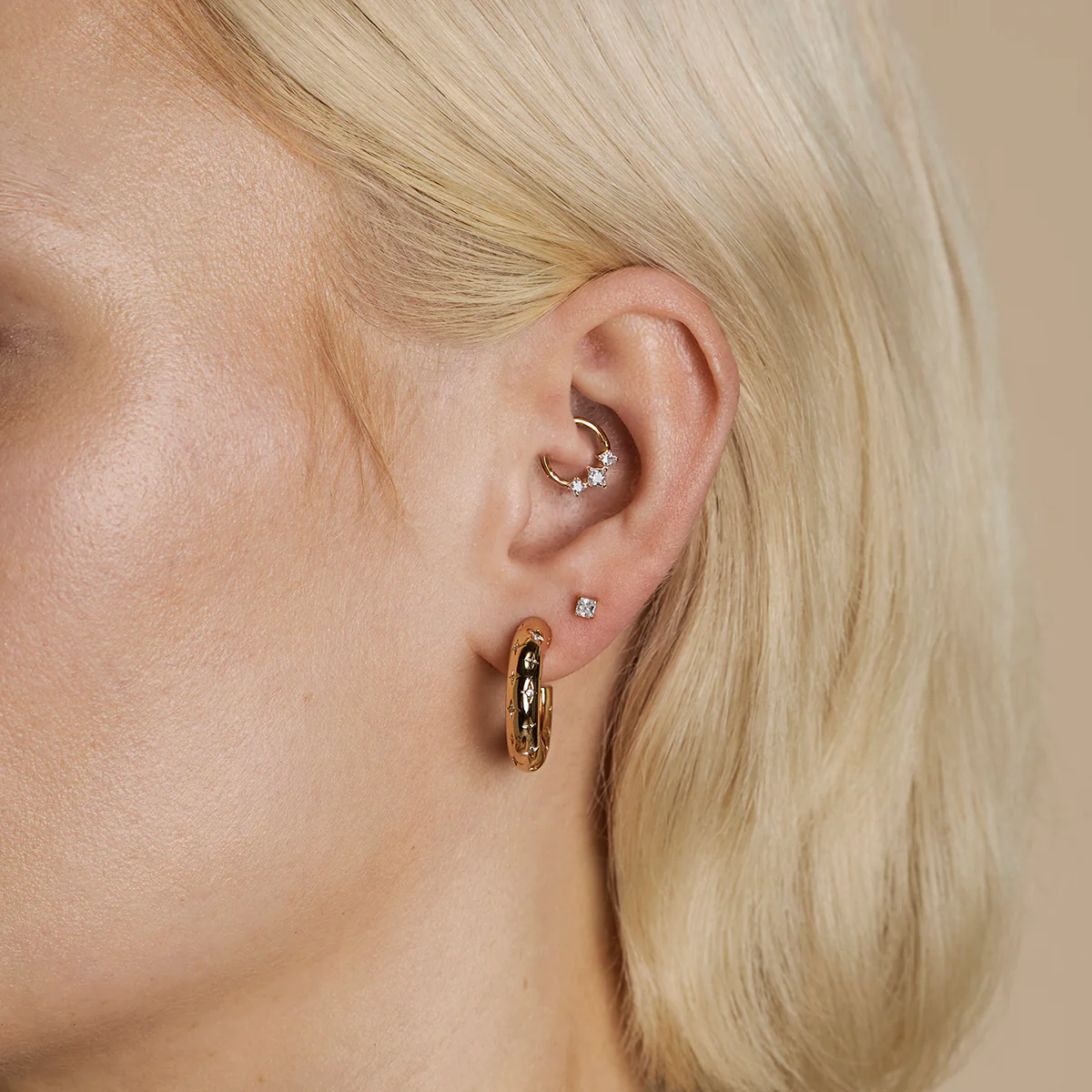 Square Crystal Trio Titanium Daith Hoop in Gold - Image 3