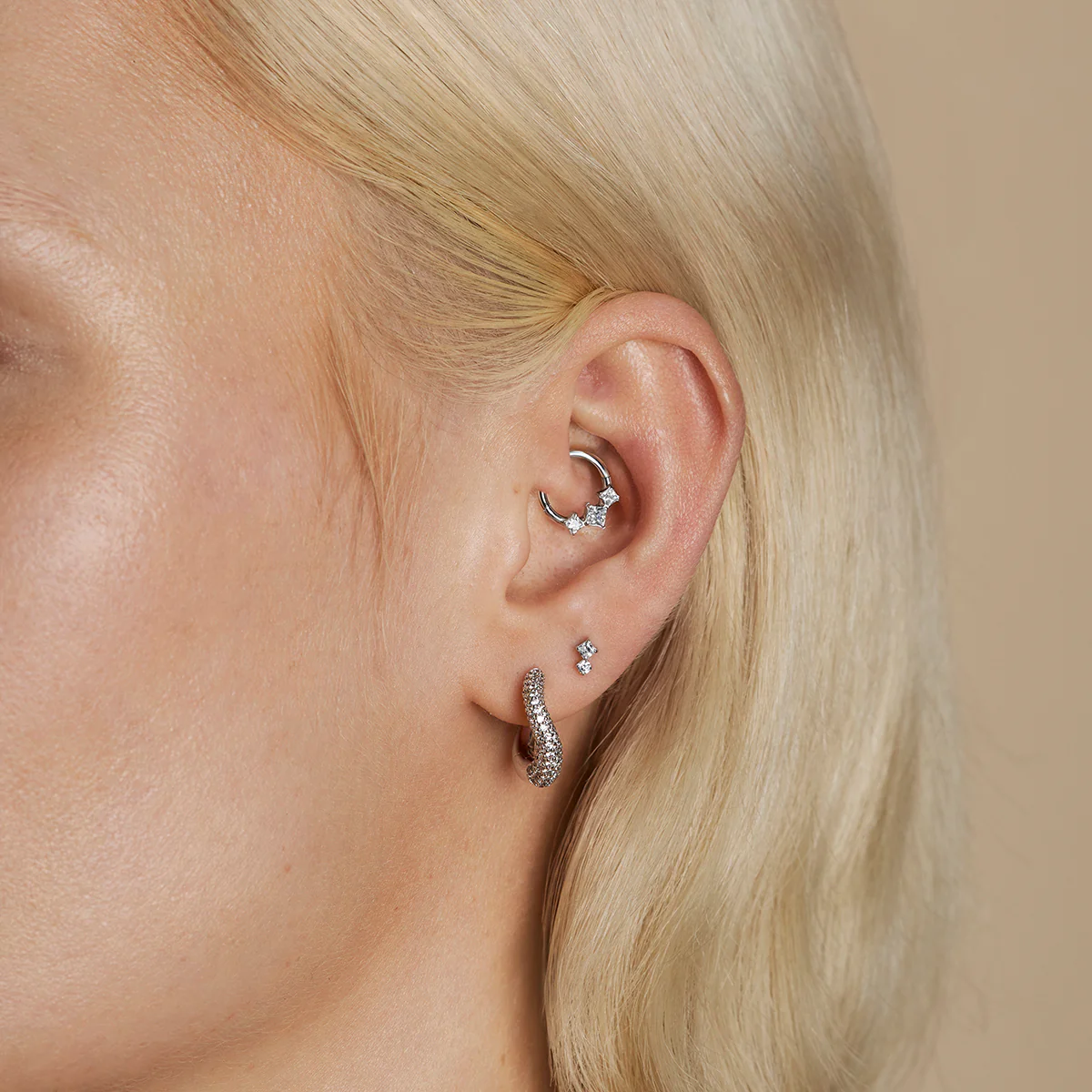 Square Crystal Trio Titanium Daith Hoop in Platinum - Image 3