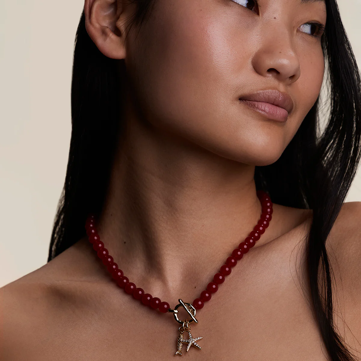 Sunset Red Beaded Necklace in Gold - Image 6