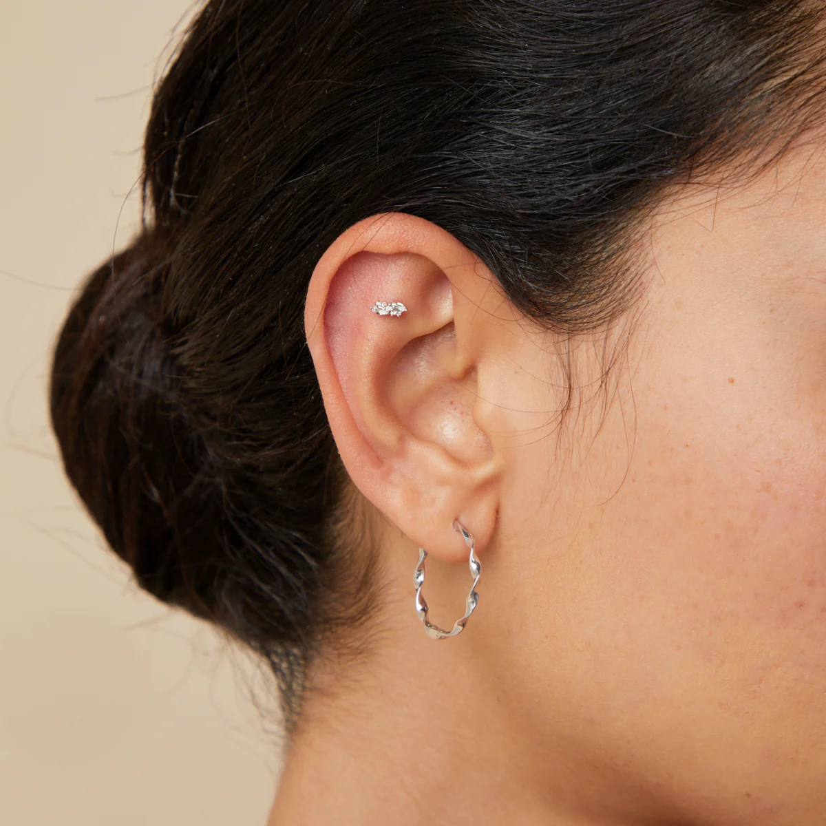 White Topaz Cluster Piercing Stud in Solid White Gold - Image 2
