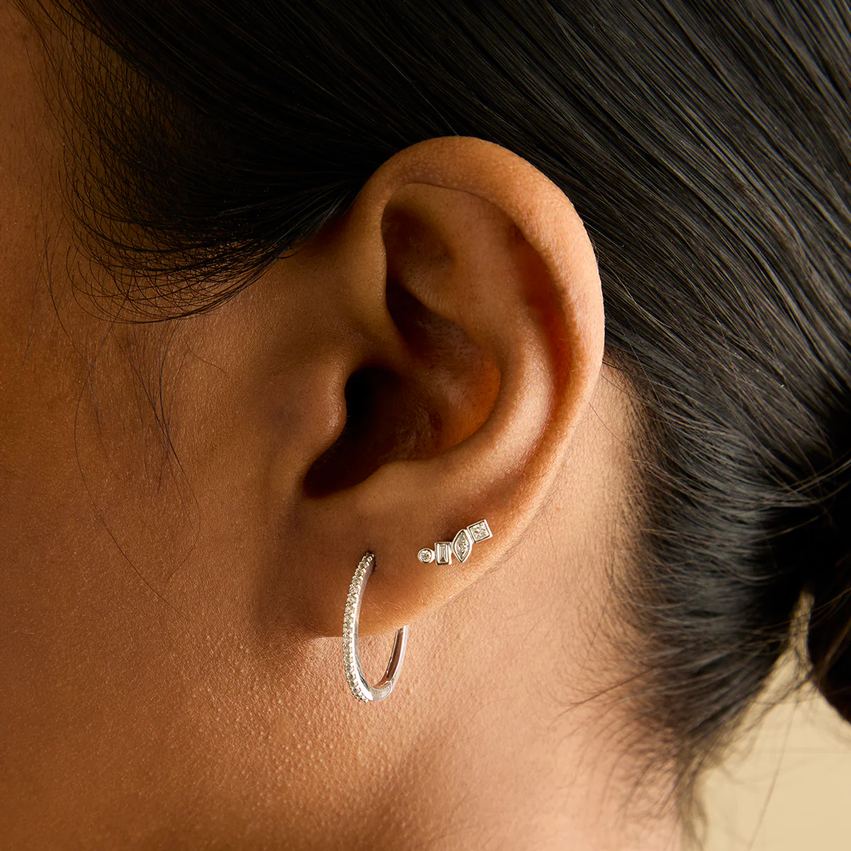 White Topaz Pavé Hoops in Solid White Gold - Image 3
