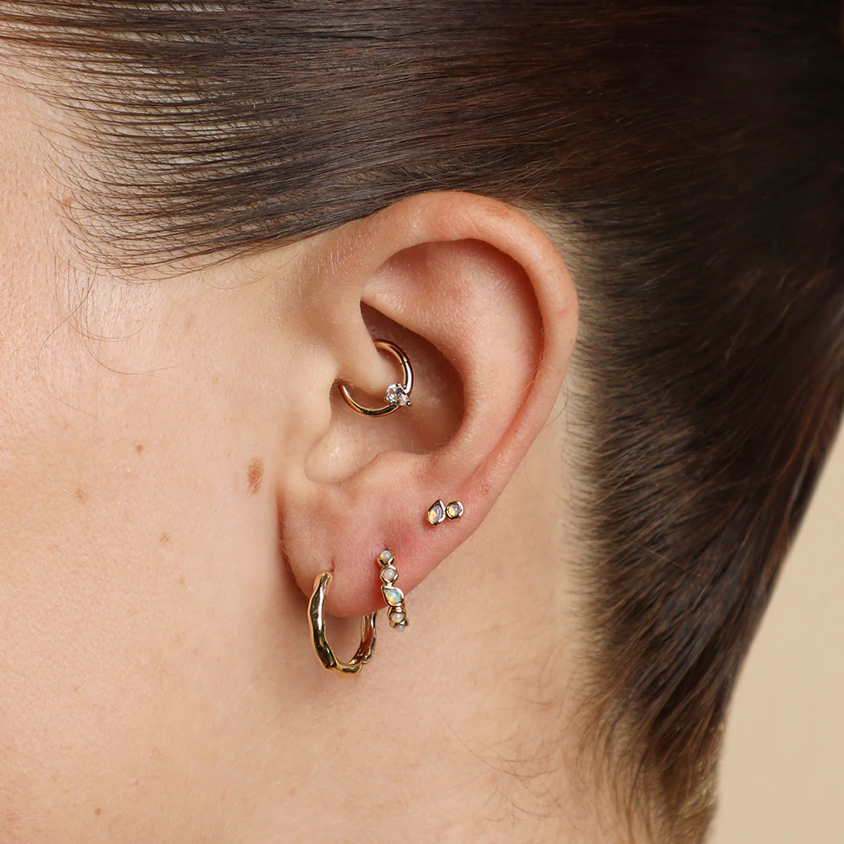 White Topaz Pear Daith Hoop in Solid Gold - Image 3