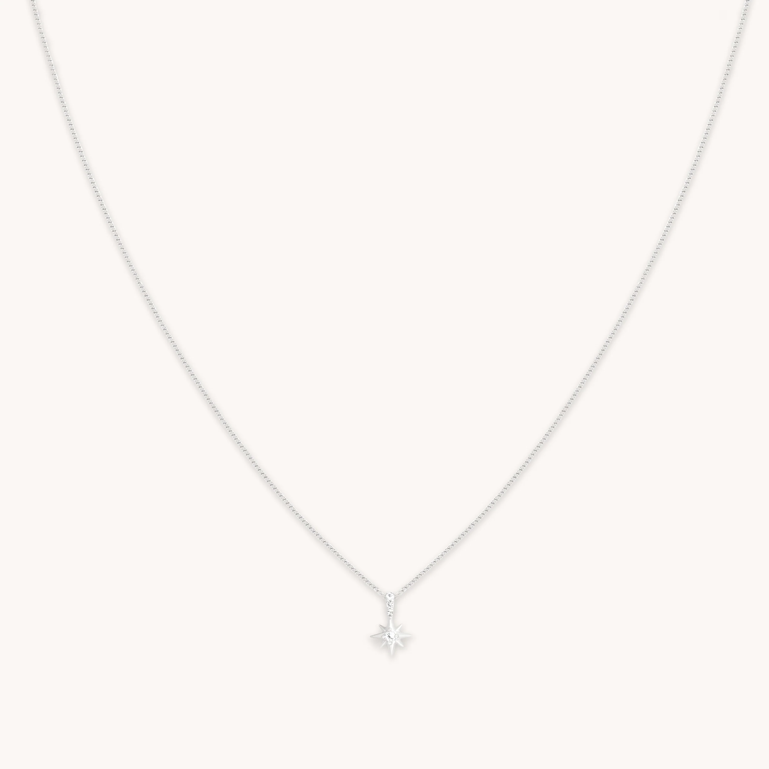White Topaz Star Pendant Necklace in Solid White Gold
